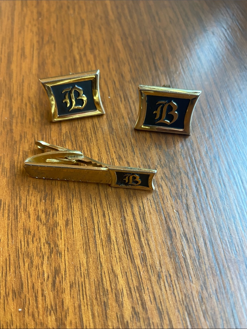 Gold and Black 'B' Cufflink and Tie Clip Set by
